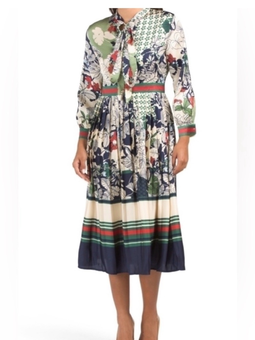 Floral Tie-Neck Midi Dress in Navy, Green & Cream